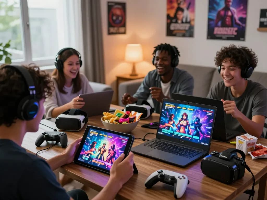 Players enjoying interactive porn games in a cozy living room, showcasing dynamic gaming moments.