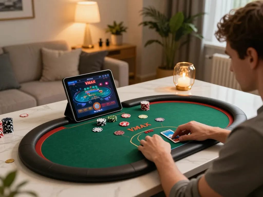 Engaging online gaming experience at VMAX with a player using a tablet in a modern setting.