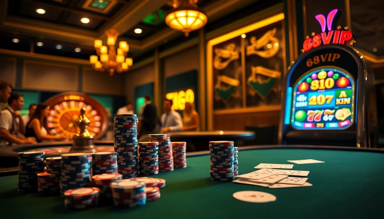 Engaged players enjoying a game of poker at the 68VIP casino, showcasing excitement and luxury.