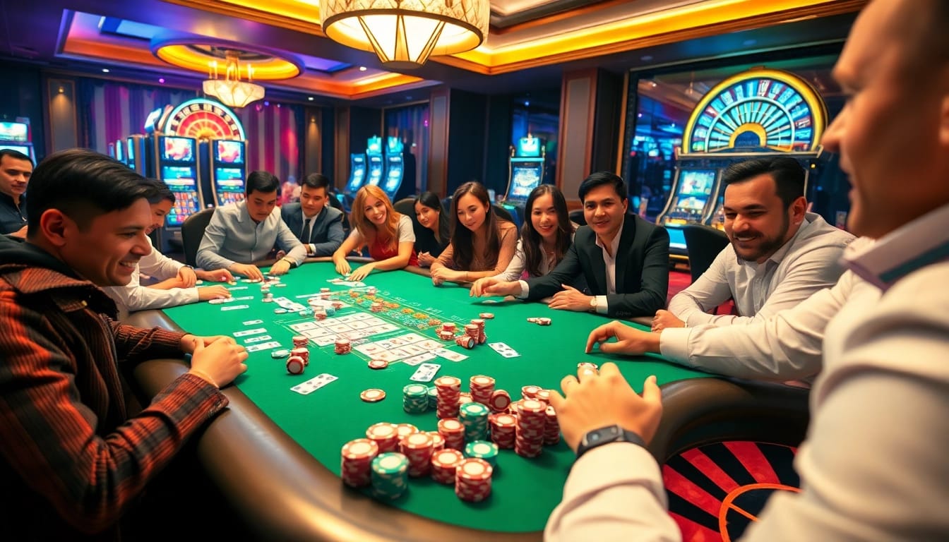 SX88 exclusive casino scene featuring excited players at a vibrant poker table amidst thrilling games.