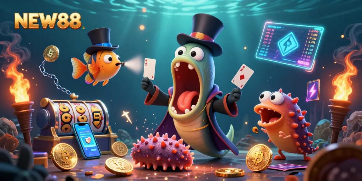 Engage with NEW88 through a magical underwater casino scene featuring thrilling games and characters.