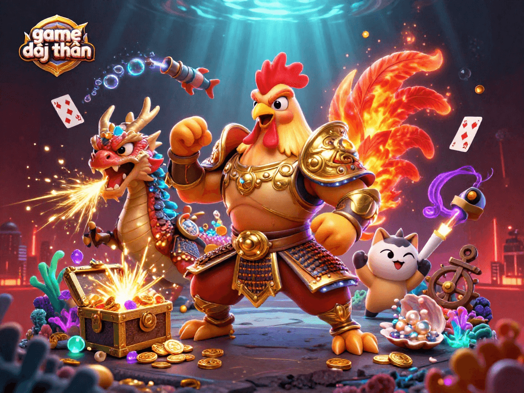 Engage with thrilling game đổi thưởng adventures featuring a rooster warrior and dragon amidst treasure.