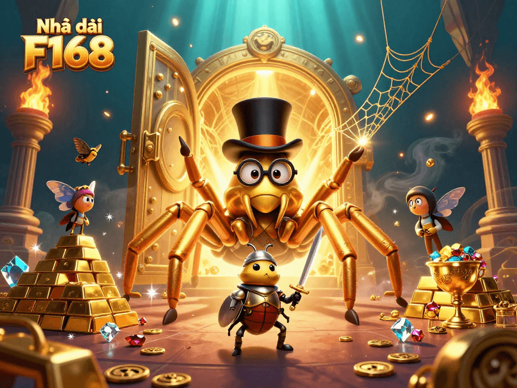 Engage with Nhà cái F168's thrilling environment featuring a golden tarantula and a brave beetle knight.