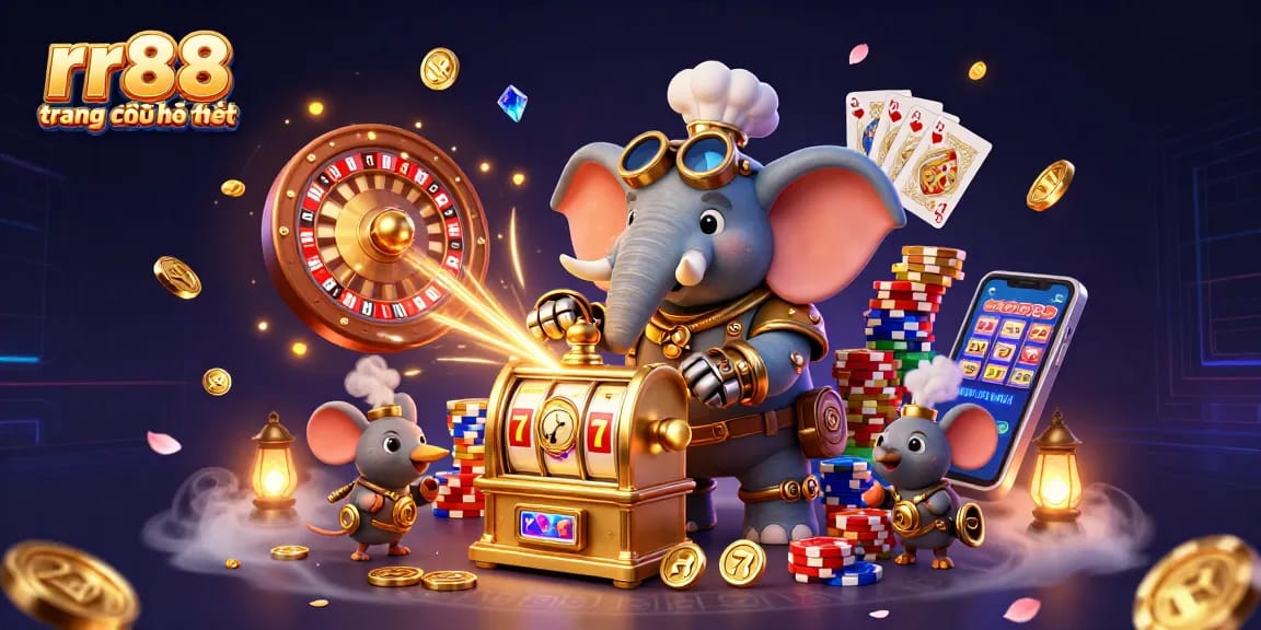 Experience thrilling games at rr88 trang chủ chính thức with a steampunk elephant and vibrant casino elements.