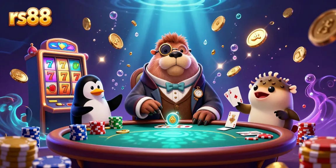 Experience thrilling rs88 gaming with cartoon characters at an underwater poker table amidst flying coins and big wins.