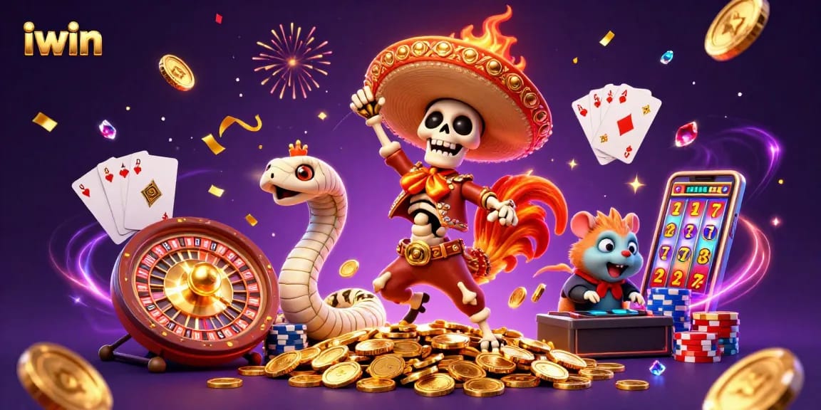iwin's vibrant 3D casino celebration features animated characters amidst floating coins and gems.
