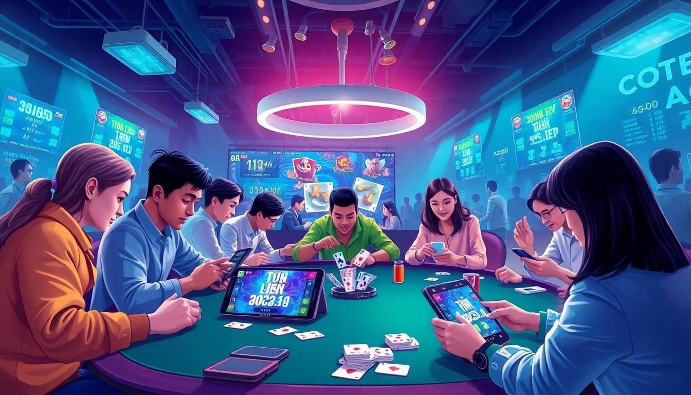 Engaging scene of players enjoying online card games at topgamebaidoithuong.mx, showcasing vibrant gaming interfaces and excitement.