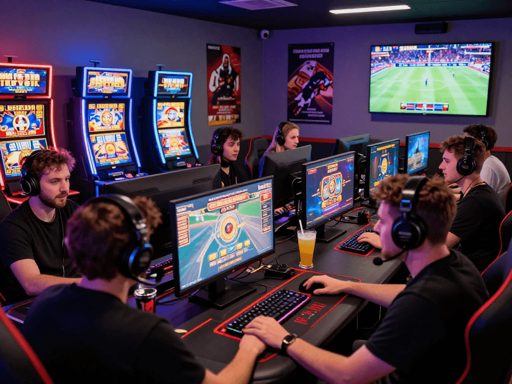 Players enjoying vibrant games at the best casinos not on GamStop in a dynamic gaming lounge atmosphere.
