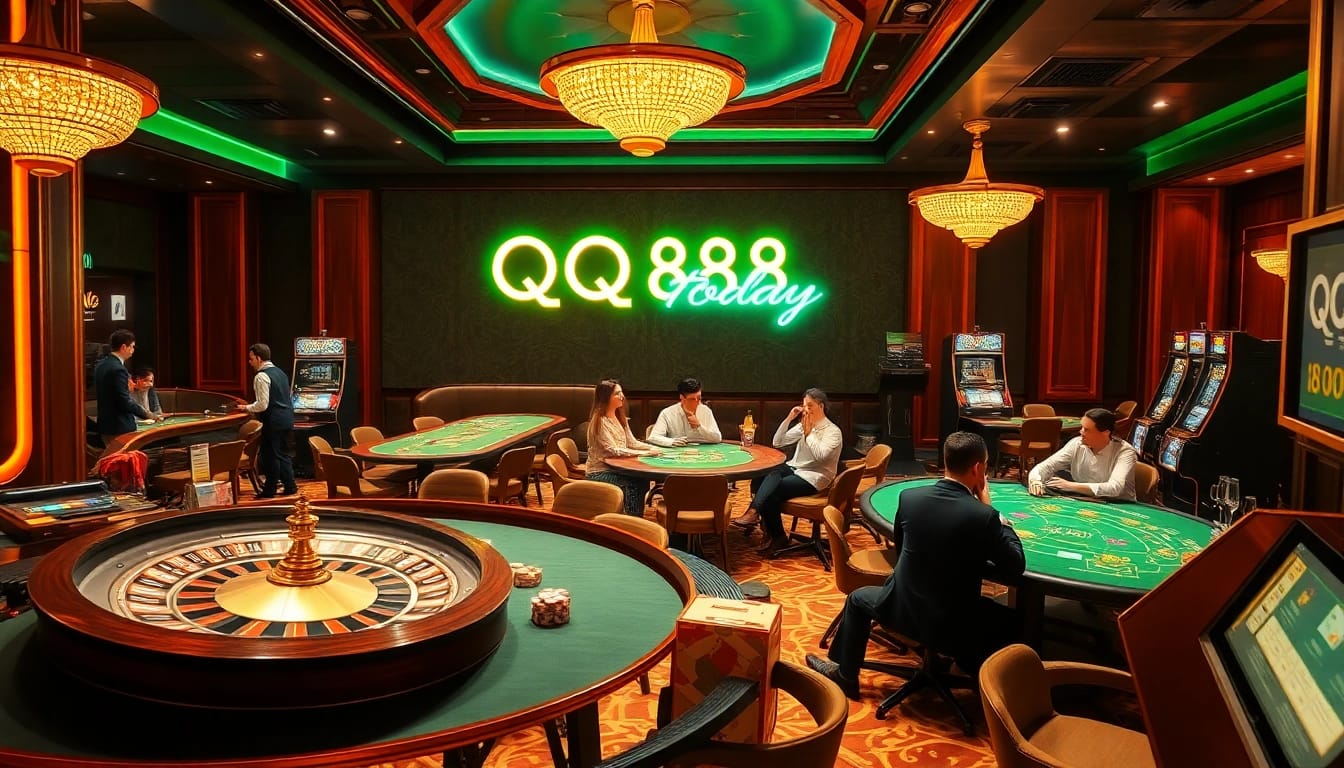Experience the thrill of gambling at QQ88 Today with a dynamic casino scene featuring poker and roulette tables.