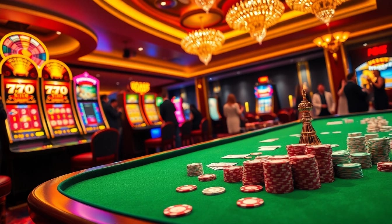 Gamblers enjoy an exciting gaming experience at open88 casino, featuring vibrant tables and colorful chips.