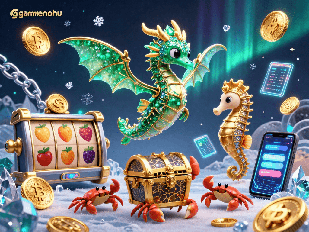 Engage with gamenohu's vibrant 3D sea dragon slot gaming world featuring dazzling crypto elements.
