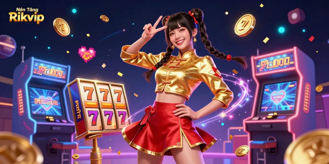 Engaging scene showcasing the Nền Tảng Rikvip with vibrant slot machines and colorful confetti, perfect for online gaming excitement.