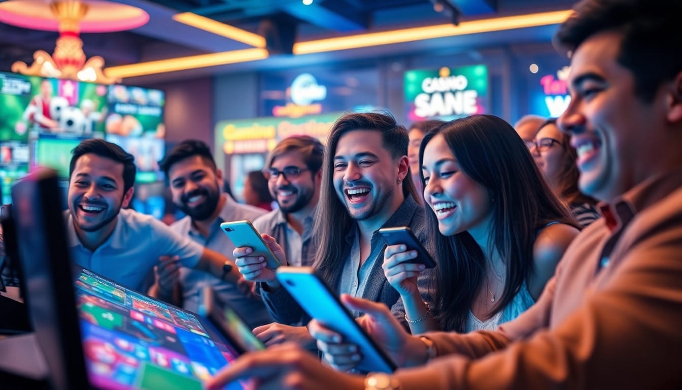 Excited players enjoying their gaming experience at winvn88.live with vibrant colors and modern devices.