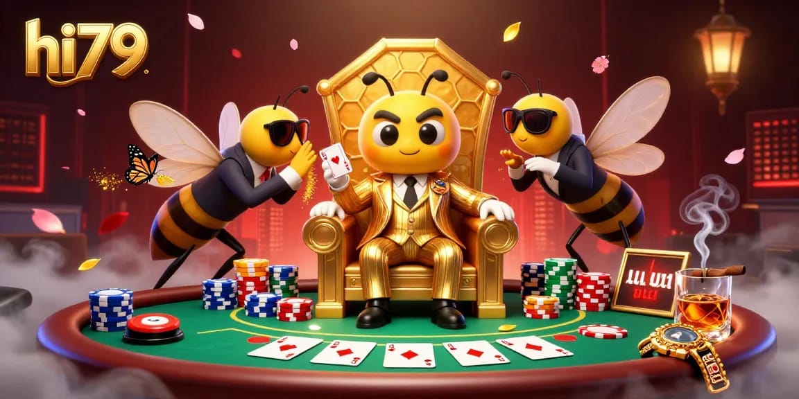 Engage with hi79 in a vibrant casino scene featuring a bumblebee mob boss, poker elements, and luxurious details.