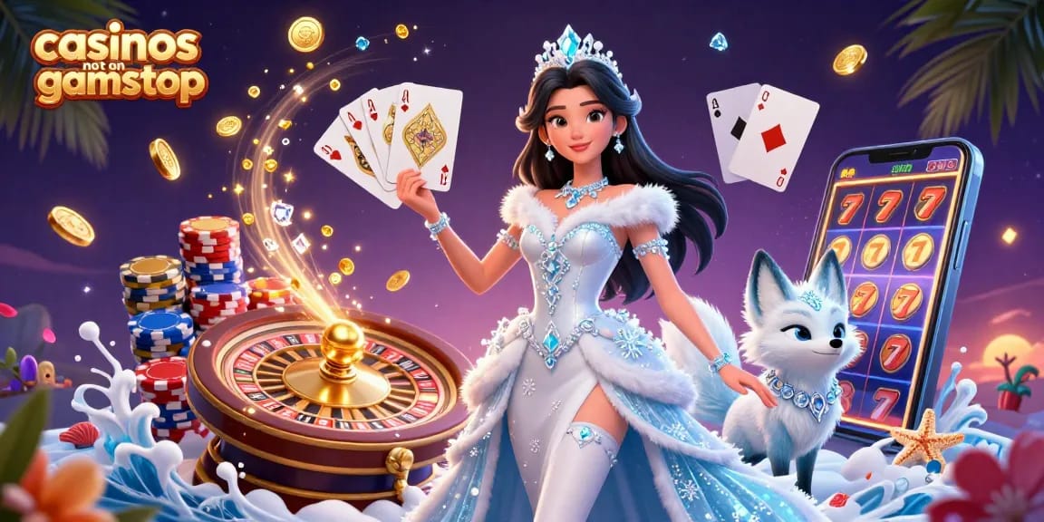 Engage with the excitement of casinos not on gamstop featuring a majestic ice queen and an arctic fox amidst casino elements.