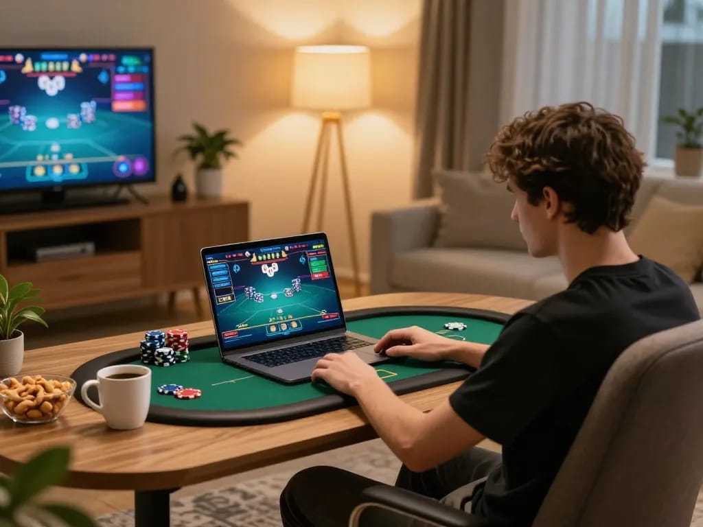 Engaging poker gameplay on a laptop with the 789F interface, enhancing home gaming experience