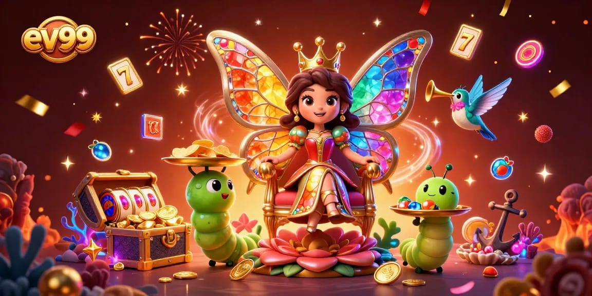 Spin the reels of ev99 as colorful gems and coins burst from an enchanted scene!
