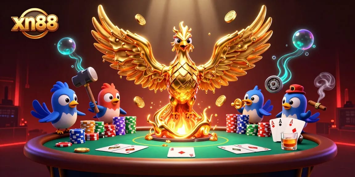 Engage with xn88 for top-tier poker action featuring a molten phoenix and vibrant casino elements.