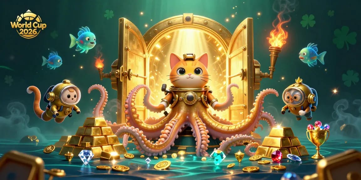 Engage in World Cup 2026 action with a kraken and diving cat in treasure-filled depths.