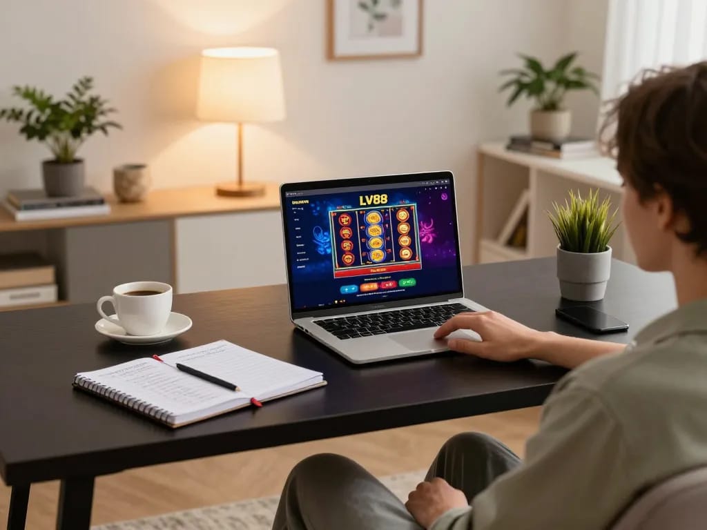 Player engaged in online LV88 gaming experience at home desk