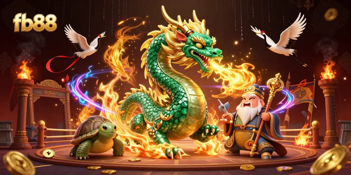 Engage with fb88's thrilling gaming adventures featuring a vibrant dragon and turtle.