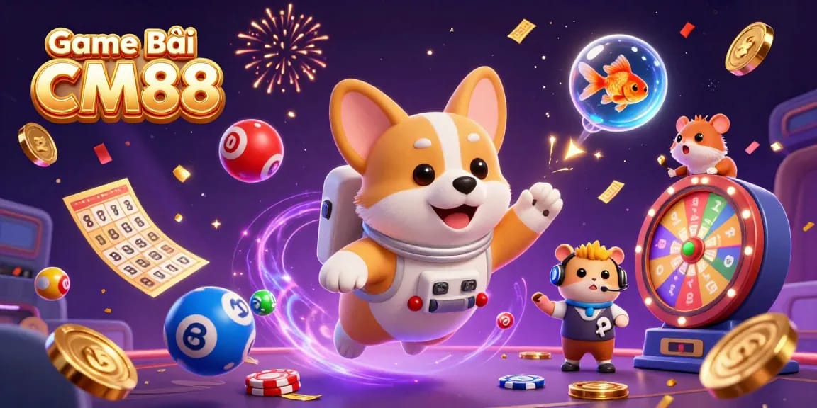 Play and win with Game Bài CM88 in this vibrant illustration featuring casino elements.