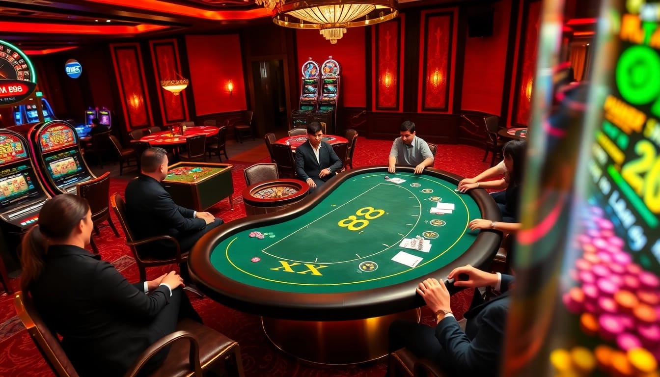 Players enjoying an exciting game at the XX 88 poker table, showcasing luxury in a casino atmosphere.