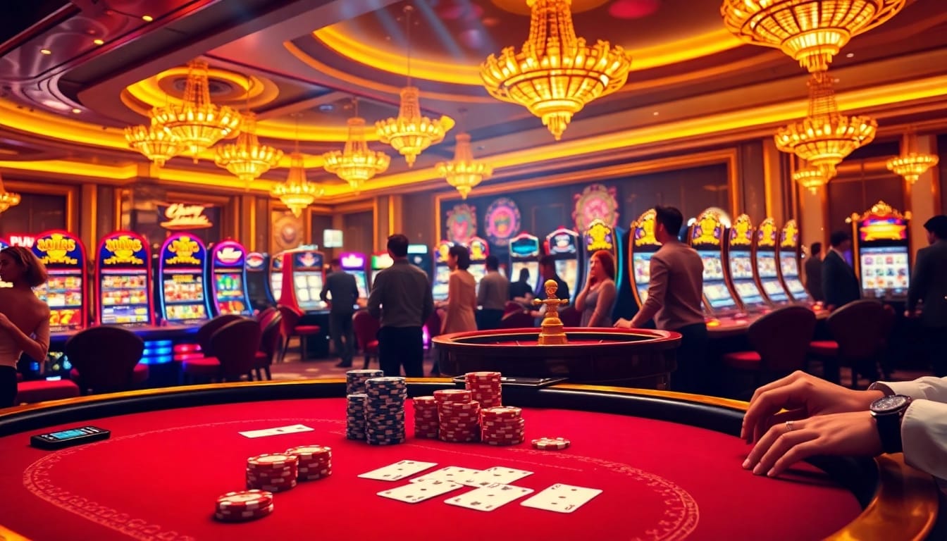 Engage in thrilling gambling experiences at https://debet678.com/ with luxurious casino elements like poker tables and slot machines.