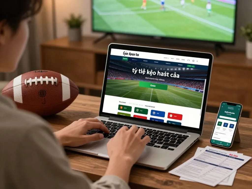 Engaging online sports betting scene featuring tỷ lệ kèo nhà cái on screen with lively sports ambiance.
