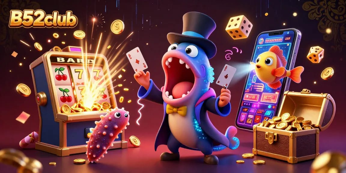 B52club features a vibrant scene with a bioluminescent eel performing card tricks, showcasing thrilling casino action.