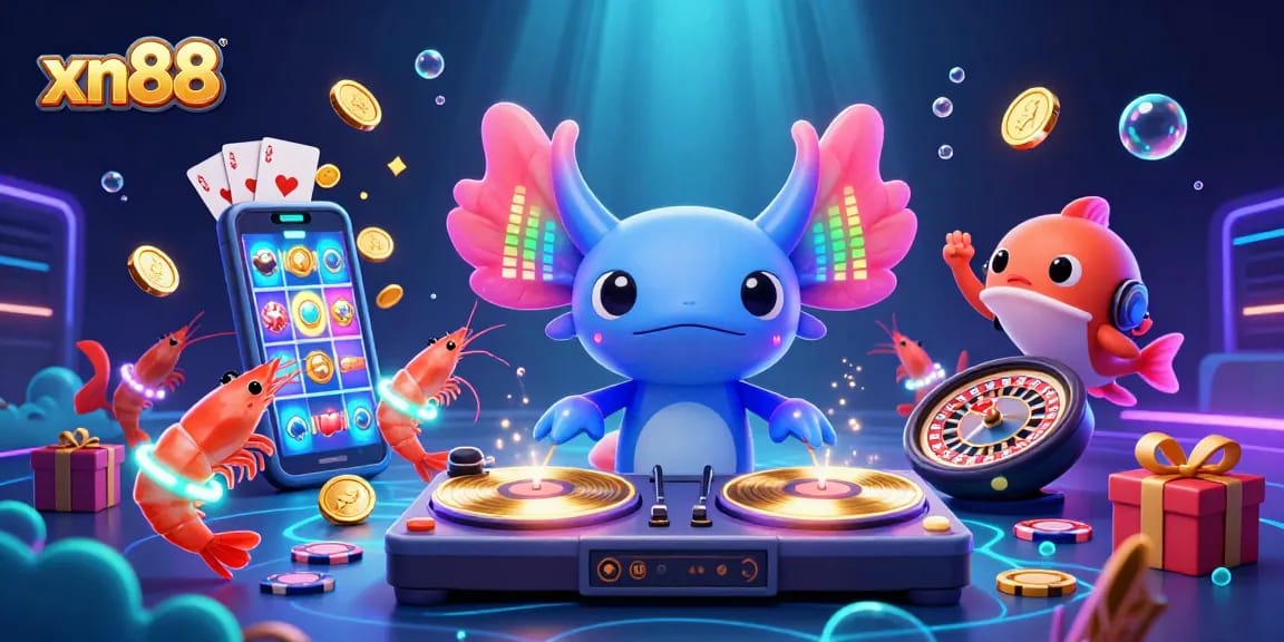 Spin and win at xn88 with vibrant 3D underwater casino games featuring an axolotl DJ and energetic sea creatures.