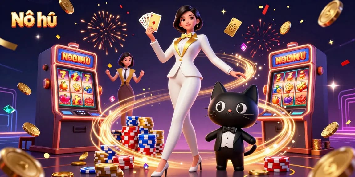 Experience Nổ hũ excitement as glamorous characters shuffle cards and showcase jackpots creatively.