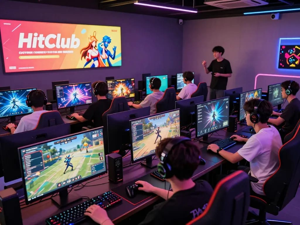 Thrilling gaming atmosphere at Hitclub with diverse players engaging in competitive gameplay.