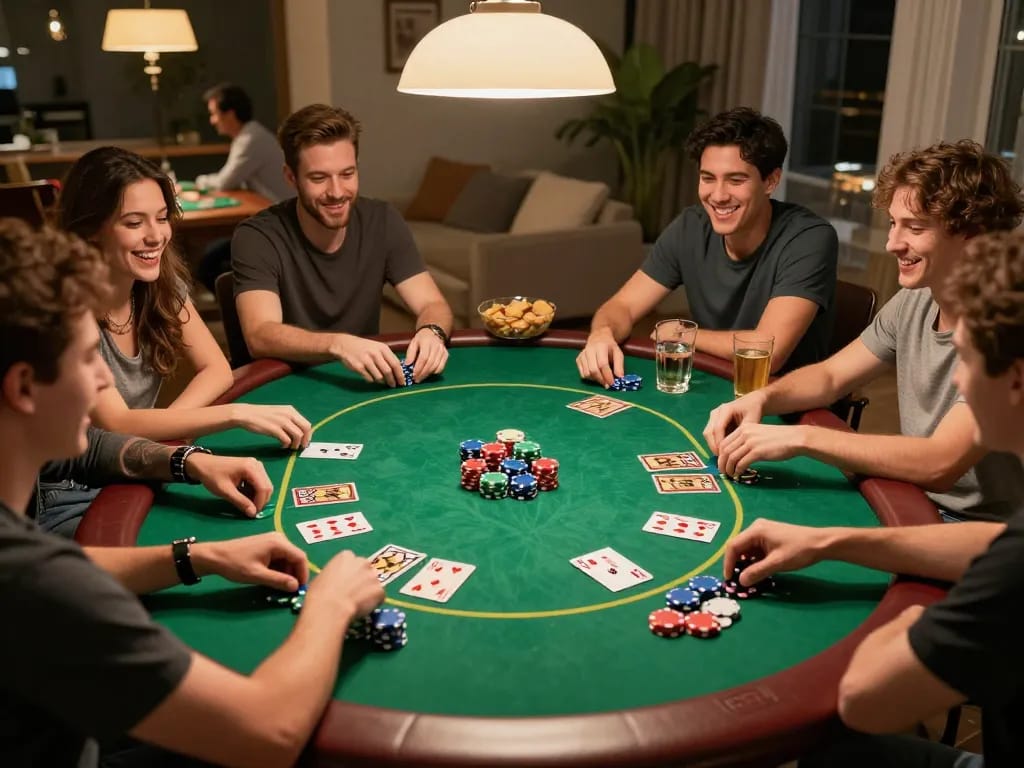 Friends strategizing and playing poker during a lively home night with VIN777 atmosphere.