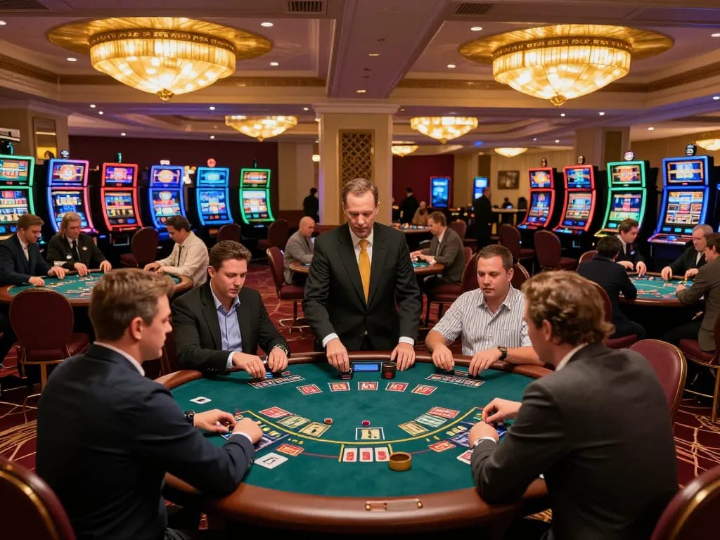 TR88 blackjack tables bustling with players strategizing bets in an upscale casino atmosphere