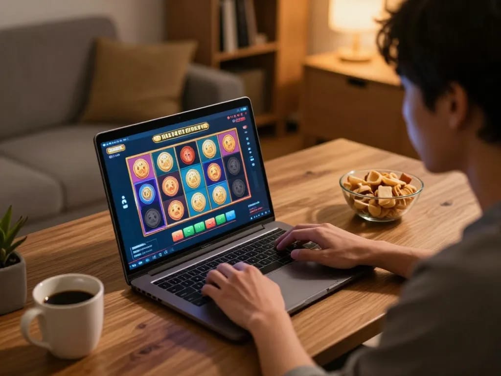Engaging in situs slot gameplay on a laptop in a cozy home setting with snacks nearby