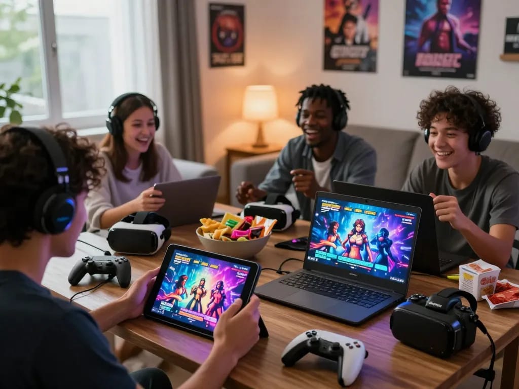Players enjoying interactive porn games in a cozy living room, showcasing dynamic gaming moments.