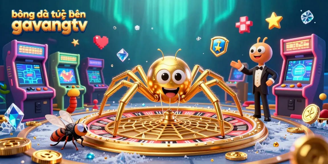 bóng đá trực tuyến gavangtv depicts a golden spider and a centipede croupier in a dynamic sports betting scenario.