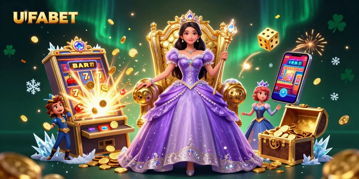 Win big with UFABET in a dazzling casino scene featuring vibrant slot machines and a royal play atmosphere.