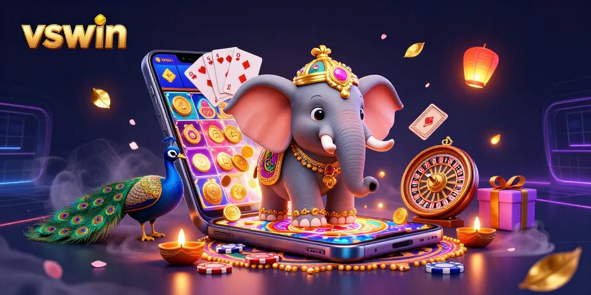 Experience the excitement of vswin with colorful slot games and vibrant casino elements in a lively 3D illustration.