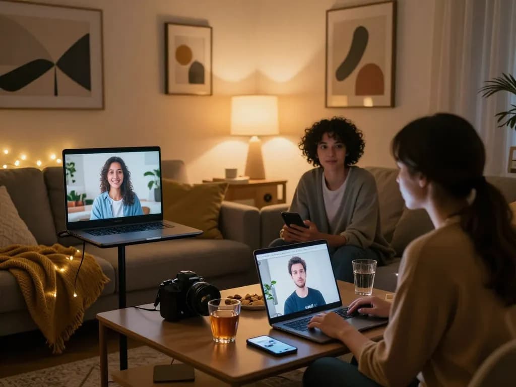 Engaging conversation in an intimate setting featuring ai porn chat interactions, warm lighting, and modern aesthetics.