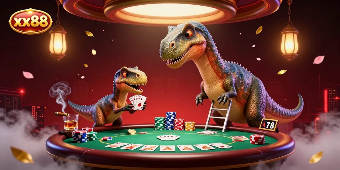 Experience xx88's captivating casino action with a giant brontosaurus and raptor dealer in a vivid poker scene.