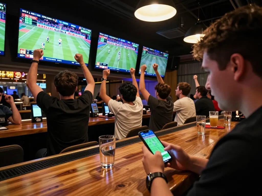 Excited sports fan placing live bets on 99OK app during thrilling match.