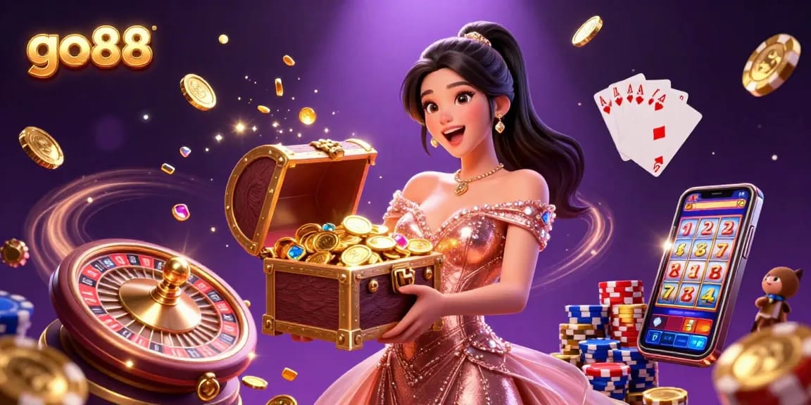 Experience excitement at go88 with a stunning treasure chest overflowing with coins and gems in a vibrant casino scene.