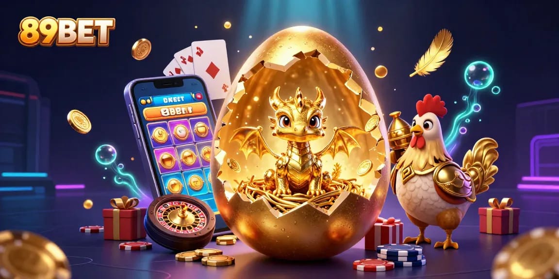 Experience the excitement of 89BET with a dazzling scene featuring a golden dragon and casino elements.