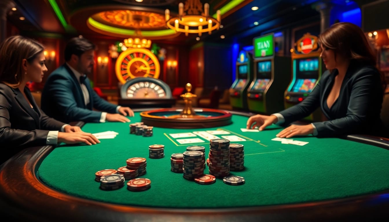 Vibrant casino scene at https://ku88it.com/ featuring high-stakes poker players engaged in a thrilling game.