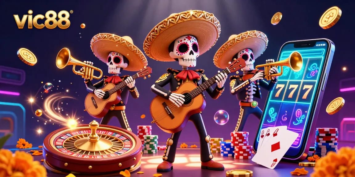 Experience top-notch gaming at vic88 with this vibrant 3D illustration of a mariachi band and cascading casino elements.