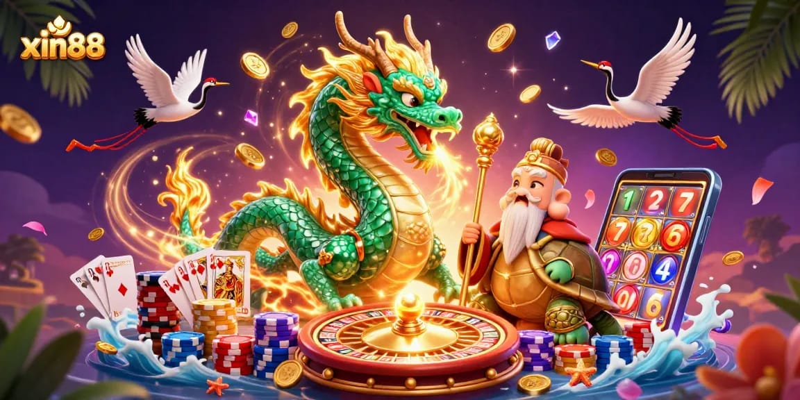 Experience the thrill of xin88 with a vibrant, action-packed casino scene featuring mythical dragons, lucky cranes, and spinning roulette.