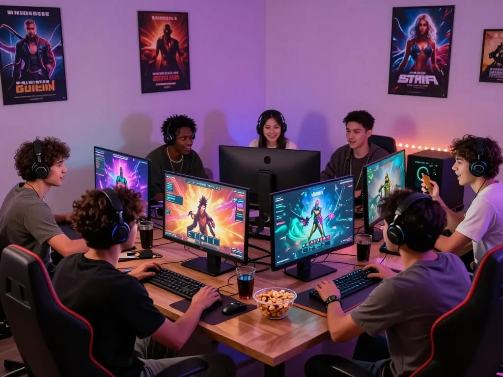 Players enjoying dynamic sex games on computers and mobile devices in a vibrant gaming setup.