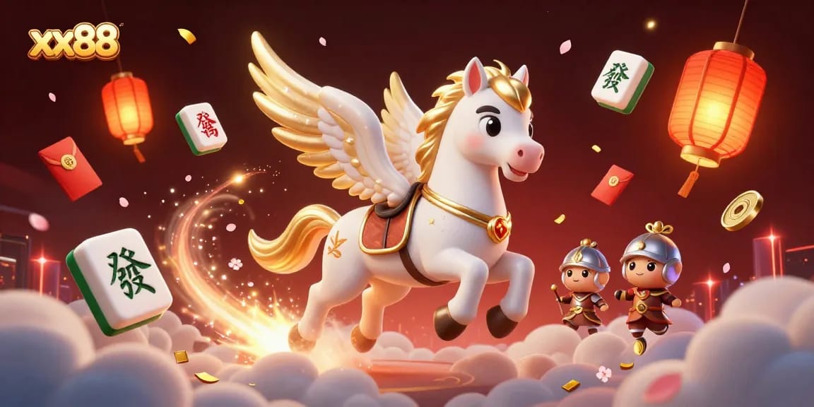 Experience thrilling gameplay at xx88 with a majestic celestial horse and knight amidst vibrant casino elements.